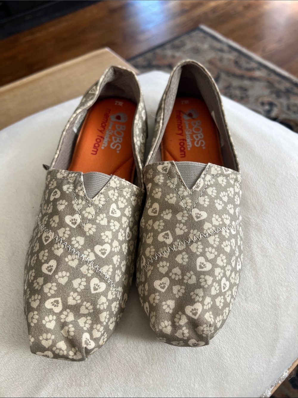 Skechers BOBS Taupe Canvas Slip-Ons with Cream Paw & Heart Print